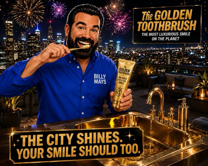 In this image, a man wearing a blue shirt is brushing his teeth with an electric toothbrush while standing in front of a sink that has gold trim. He is smiling for the camera as he brushes his teeth. The background features a city skyline at night, and there are fireworks visible in the sky above him. The post includes text about the Golden Toothbrush and encourages viewers to "The City Shines Every Night While Everyone Chases the View, Billy Chooses the Golden Toothbrush One brush.
One gleam, one abundance powered smile".