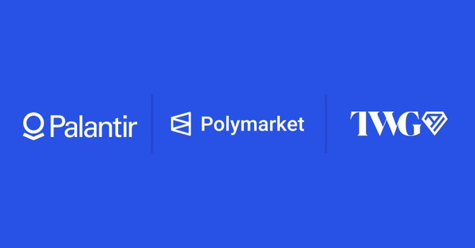 The image features three logos for companies named Palantir, Polymarket, and TWG. The logos are displayed against a blue background with white text. The text reads "Big move for prediction markets. @Polymarket is teaming up with Palantir and TWG AI to build a smarter sports integrity platform. Right now, sports betting systems are fragmented, outdated, and inconsistent across markets."