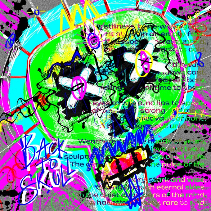 A chaotic, glitchy graphic with bright neon colors and text mentioning 'BACK TO SCHOOL', 'sculpture', 'wet ink', 'stark oil', and 'quiet chambers of the mind'.