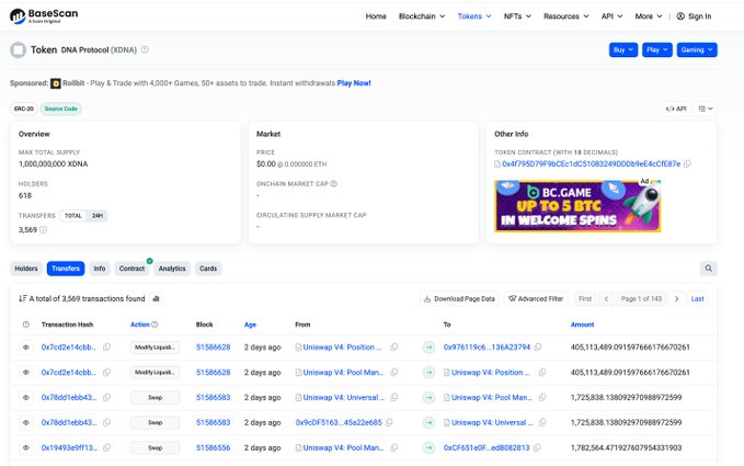 A BscScan page displays details for the Token DNA Protocol (XDNA) on the Binance Smart Chain, showing a max total supply of 1,000,000,000 XDNA held by 618 holders across 3,569 transactions. The image illustrates the broader narrative of $XDNA expanding beyond the XRP Ledger, with this particular contract being a copycat version deployed on BSC.