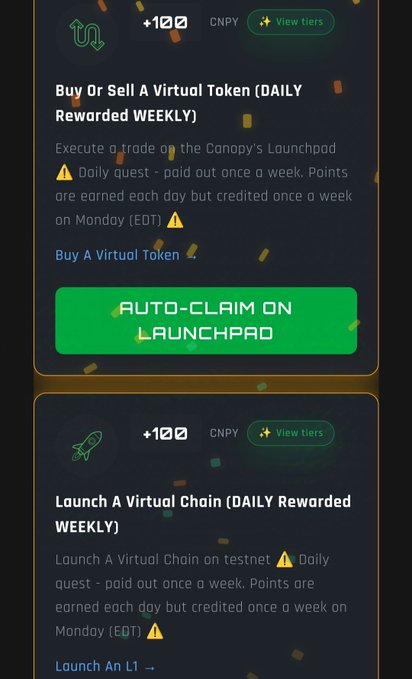 A mobile app interface showing quest cards: 'Buy Or Sell A Virtual Token' and 'Launch A Virtual Chain', each offering 100 CNPY points with a green 'AUTO-CLAIM ON LAUNCHPAD' button.