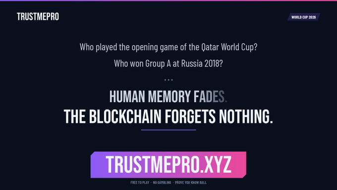 The image features a dark blue background with white text that reads "Human memory fades. The blockchain forgets nothing". Below this, there are two purple lines of text that read "TrustmePRO xyz" and "Focus on what is in the image and how it relates to the post."