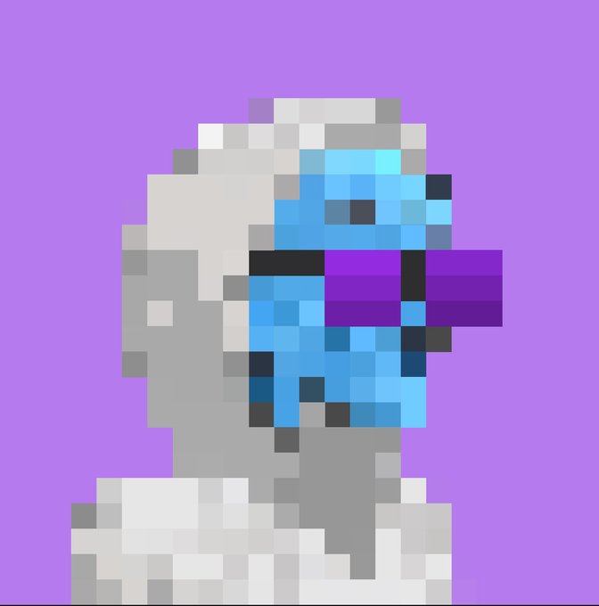 A pixel art portrait of a hooded figure wearing a blue face mask with a protruding purple tongue, set against a lavender background, representing the Argonaut 1/1 NFT that sold for 9.69 ETH.