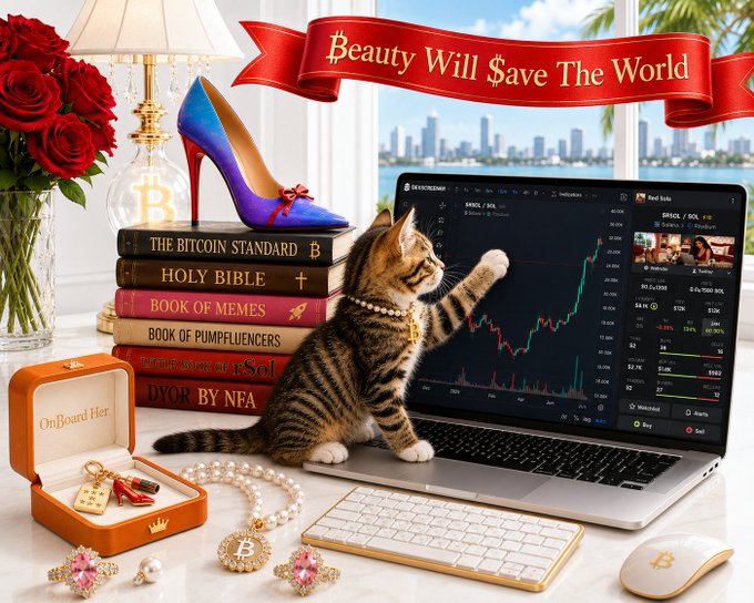 AI-generated meme image titled 'Beauty Will $ave The World' featuring a tabby kitten reaching for a laptop displaying trading charts, surrounded by Bitcoin-themed luxury items including a high-heel shoe, books titled 'THE BITCOIN STANDARD', 'HOLY BIBLE', and 'BOOK OF MEMES', plus jewelry and a red rose bouquet.