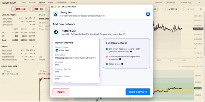 A 'Paper Trade' interface shows a pop-up for adding a new network for ZKX via ZKX Add Chain, displaying details for 'Hyper EVM' including a WPC URL, Chain ID 999, and HYPE currency, with options to 'Reject' or 'Enable network'.