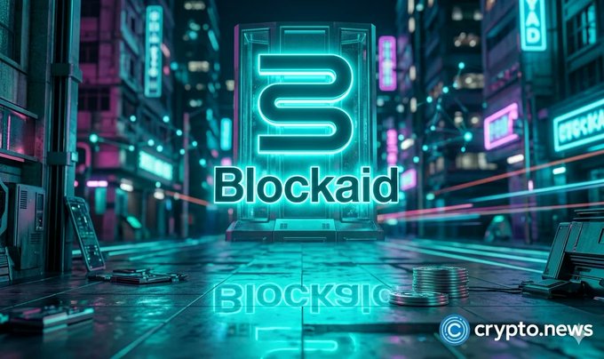 The image features a cityscape with neon lights illuminating the night sky. In the center of this scene, there's a large neon sign that reads "BLOCKAID". The background includes buildings and other city elements typical of an urban environment. There are also some coins scattered around in the foreground, possibly representing stolen tokens or tokens being used to purchase cryptocurrency.