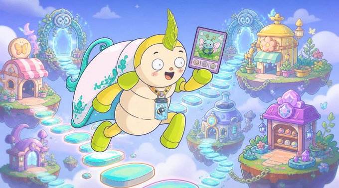An animated illustration shows a cute green and white turtle-like creature wearing a cape and holding a card, floating in a whimsical sky world with floating islands and crystal structures.