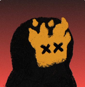 A stylized black silhouette with a yellow handprint-style face featuring two black X's for eyes against a red gradient background.