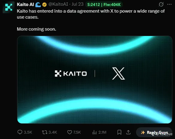 A tweet from Kaito AI (@KaitoAI) dated July 23 announces that Kaito has entered a data agreement with X (formerly Twitter) to power a wide range of use cases.