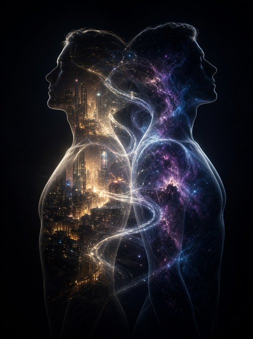 A digital art piece showing two silhouetted figures in profile facing opposite directions, with the left containing a glowing cityscape and the right containing a purple cosmic galaxy.