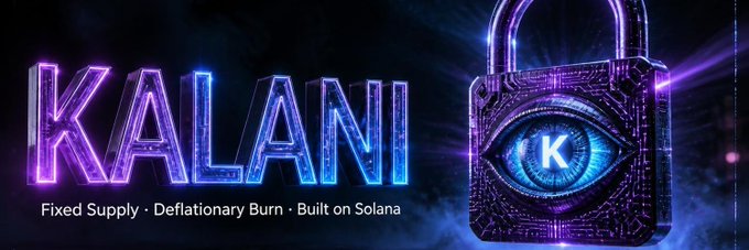 A promotional banner for 'KALANI' cryptocurrency token featuring a purple neon lock with an eye design, highlighting 'Fixed Supply - Deflationary Burn - Built on Solana'.