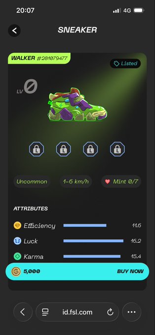 A mobile NFT marketplace listing for a 'WALKER' sneaker NFT (#281079477), Uncommon tier, level 0, priced at 5,000 with attributes for Efficiency, Luck, and Karma.