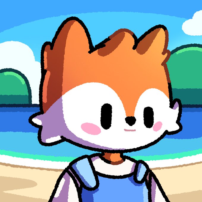A cute cartoon illustration of an anthropomorphic fox character with orange and white fur, pink cheeks, and a blue top, standing in a beach or seaside setting with water and green hills in the background.