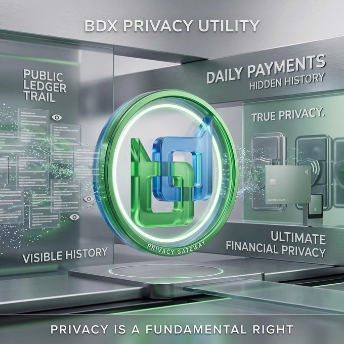 A futuristic promotional graphic for 'BDX Privacy Utility' featuring a green and blue 'PD' emblem surrounded by text including 'PUBLIC LEDGER TRAIL', 'TRUE PRIVACY', 'ULTIMATE FINANCIAL PRIVACY', and 'PRIVACY IS A FUNDAMENTAL RIGHT'.