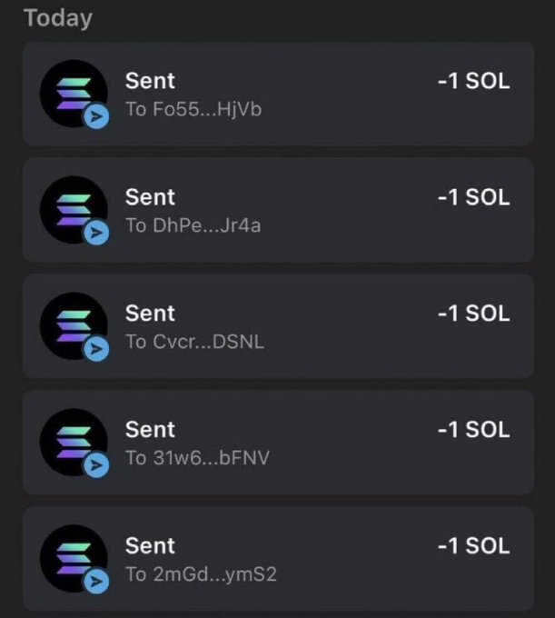 A mobile wallet app screen shows five recent transactions, each marked "Sent" with "-1 SOL," sent today to addresses including Fo55...HjVb, DhPe...Jr4a, Cvcr...DSNL, 31w6...bFNV, and 2mGd...ymS2. The image supports the post's claim of an $ANSEM airdrop to followers, visually documenting the 1 SOL transactions sent to multiple recipients.