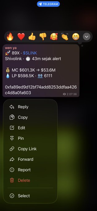 A Telegram message preview shows a bot alert from "wen ya 🚀" notifying about a new token "Shivolink" with $89X SSLINK, $1.3M market cap, and $598.5K liquidity, while displaying a context menu with Reply, Copy, Edit, Pin, and Delete options—illustrating the bot's real-time token alert functionality described in the post.