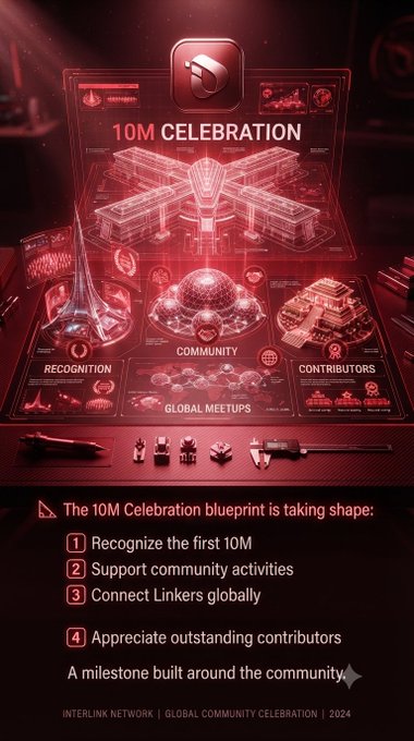 A red-hued infographic titled "10M CELEBRATION" showcases a blueprint-style design with four labeled sections—Recognition, Community, Global Meetups, and Contributors—alongside icons representing iconic landmarks and meeting symbols. The caption "The 10M Celebration blueprint is taking shape" outlines four numbered goals: recognizing the first 10M, supporting community activities, connecting Linkers globally, and appreciating outstanding contributors, reinforcing the post's community-driven message and the milestone celebration theme.