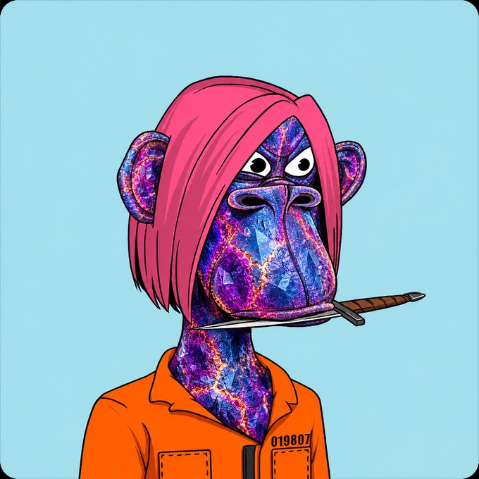 The image features a cartoon monkey with pink hair, wearing an orange jumpsuit and holding a knife in its mouth. The monkey appears to be posing for the photo while smoking a cigarette. The caption "gm dream your ideas into existence" suggests that this image is related to the creator's idea or concept of a monkey dressed up as a human, possibly representing a character from a comic book or a movie.
