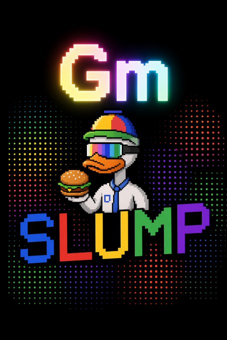 A pixel art NFT-style illustration featuring a cartoon duck in a rainbow cap and sunglasses holding a burger, with neon text 'Gm' and 'SLUMP' on a black background.
