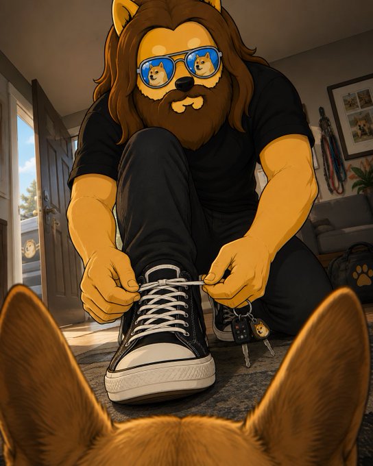 The illustration shows a bearded man with long brown hair wearing dog-faced sunglasses and black clothing, kneeling on a rug as he ties the laces of his black Converse sneaker while a small dog watches from below. Keys hang from his hand, suggesting he's ready to head out, matching the post's urgent message about rescuing dogs.