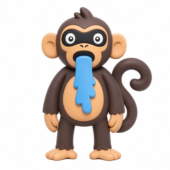 A cartoonish brown monkey figurine with a long blue tongue sticking out stands against a white background, resembling a cross between a Chimpers NFT character and a Doodles-style toy. The image illustrates the creator's playful "toy factory" concept of mashing up the Chimpers "waterfall thief" with Doodles aesthetic to produce this quirky hybrid collectible.