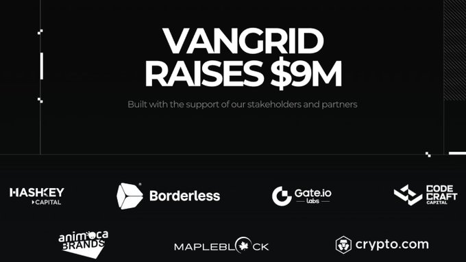 Promotional graphic announcing 'VANGRID RAISES $9M' with the subtitle 'Built with the support of our stakeholders and partners,' displaying logos including HashKey Capital, Borderless, Gate.io Labs, Animoca Brands, Mapleblock, Crypto.com, and Code Craft Digital.