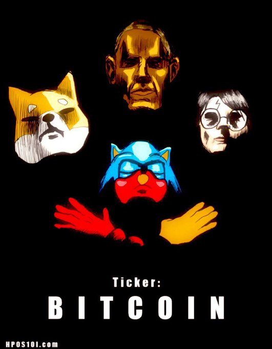 The image shows illustrations of Harry Potter, Obama, and Sonic the Hedgehog (along with a Shiba Inu dog) arranged in a triangular composition above the text "Ticker: BITCOIN," referencing the #HarryPotterObamaSonic10inu meme coin project and its message that unity behind Bitcoin is the winning strategy.