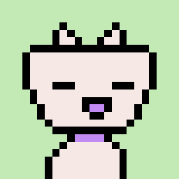 A pixel art character resembling a white cat or dog with pointed ears and a small purple nose on a green background.