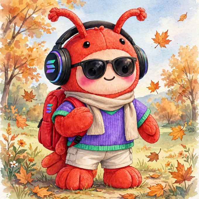 A watercolor-style illustration of a cute red plush character wearing black sunglasses, RGB-lit headphones, a scarf, a purple sweater, and a red backpack, standing in an autumn forest.