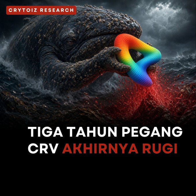 A digital artwork from 'CRYTOIZ RESEARCH' shows a large sea creature emerging from stormy waters holding a rainbow-colored object, above text reading 'TIGA TAHUN PEGANG CRV AKHIRNYA RUGI'.