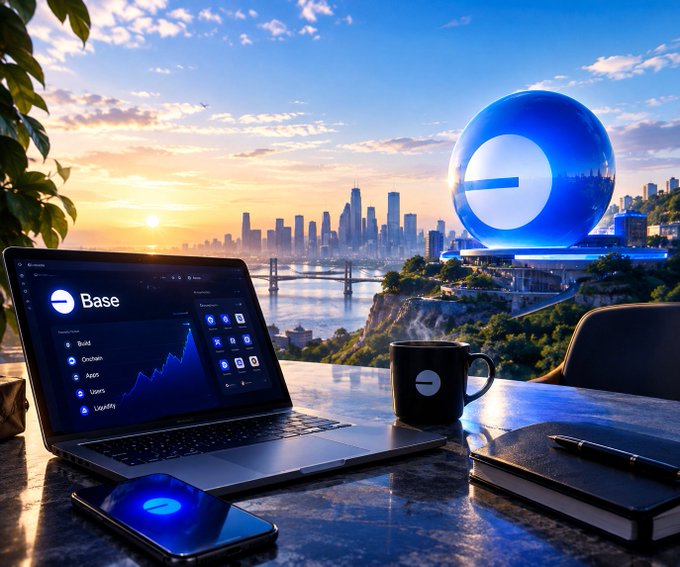 A laptop displays the "Base" dashboard against a scenic sunrise cityscape backdrop, with a matching Base-branded mug and large glowing Base sphere reinforcing the platform's presence—visually tying into the post's theme of keeping Base on one's radar and celebrating the ecosystem's steady progress.