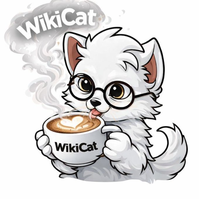 A cartoon illustration of a fluffy white cat wearing round glasses and holding a steaming mug labeled 'WikiCat,' with the same text floating above in a steam cloud.