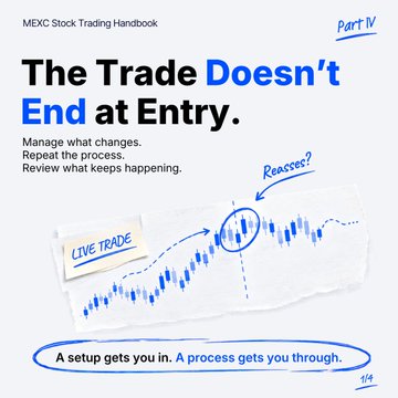 The image is a slide from the MEXC Stock Trading Handbook, Part IV, titled "The Trade Doesn't End at Entry," with subtext advising traders to "Manage what changes. Repeat the process. Review what keeps happening." It features a hand-drawn-style candlestick chart marked "LIVE TRADE" with an arrow pointing to a circled price action labeled "REASSESS?," and the closing note "A setup gets you in. A process gets you through." It visually reinforces the post's message about continuously reassessing trades as the market evolves beyond the entry point.