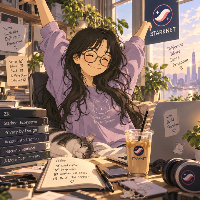 An anime-style illustration of a girl with long black hair and glasses stretching her arms up at a desk, surrounded by Starknet-themed items including a laptop, coffee cup, cat, and books titled 'Starknet Ecosystem', 'Privacy by Design', and 'Account Abstraction'.