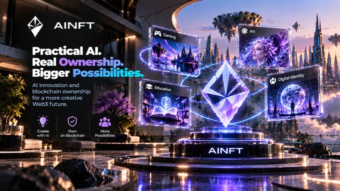 A futuristic digital landscape promotional image for 'AINFT' featuring a glowing crystal and floating panels labeled 'Gaming', 'Art', 'Education', and 'Digital Identity', with text 'Practical AI. Real Ownership. Bigger Possibilities.'