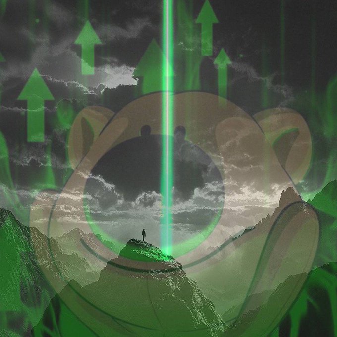 A lone figure stands atop a mountain beneath a green beam shooting into the sky, surrounded by upward arrows and a translucent logo—evoking a bullish, ascending energy that visually echoes the rallying sentiment of "$COBY season is coming."