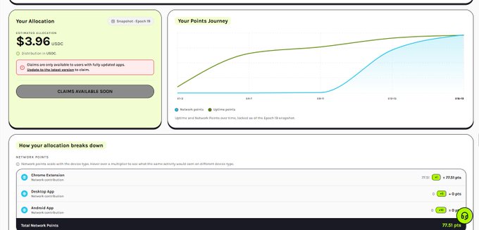 The current allocation stands at $3.96. The user's points journey is represented by a chart illustrating the progression of their earnings through network points accrued over time.