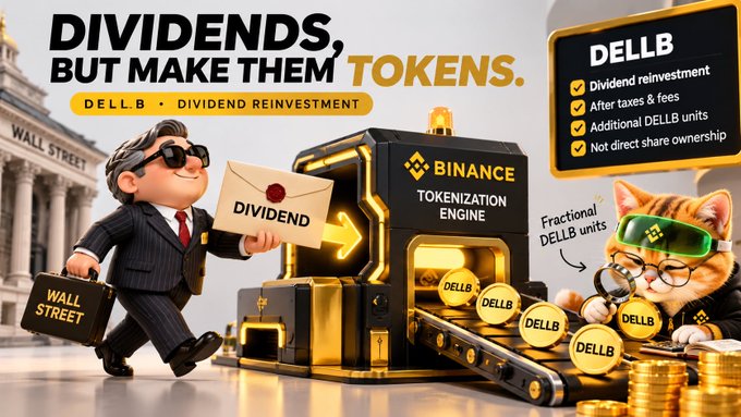 A promotional graphic reads “DIVIDENDS, BUT MAKE THEM TOKENS” and depicts a Binance tokenization engine turning “DIVIDEND” papers into fractional “DELLB” units.