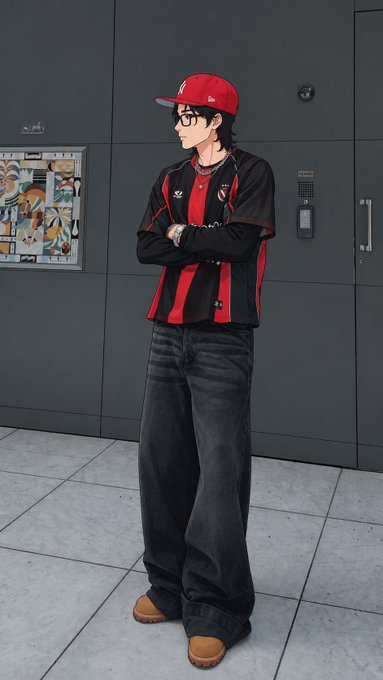 A young man stands with arms crossed, wearing a red cap, glasses, a black and red striped AC Milan jersey, loose black jeans, and brown boots.