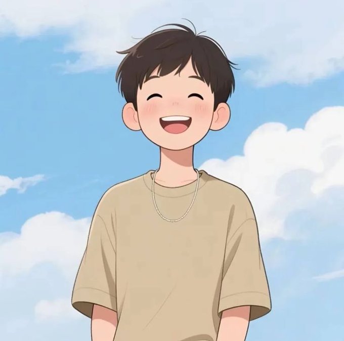 The image features a young boy with short hair, wearing a tan shirt, smiling at the camera while looking upwards. He has a necklace around his neck. The background of the image shows a blue sky filled with clouds, giving the impression that he is standing in front of a beautiful landscape or an outdoor scene. The post caption reads "gm friends happy Tuesday Bullish on @wallchain".