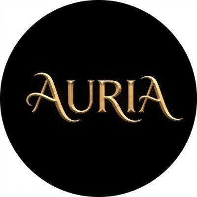 A sleek black circular logo featuring the word "AURIA" in elegant gold lettering, which serves as the brand identity for @Auria_Nftt mentioned in the giveaway post offering 10 GTD free mint spots for their 4,444-supply NFT collection.