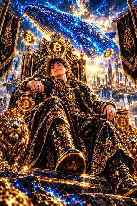 AI-generated digital artwork of a young man sitting on a throne surrounded by golden Bitcoin coins and a cosmic whale in the sky.