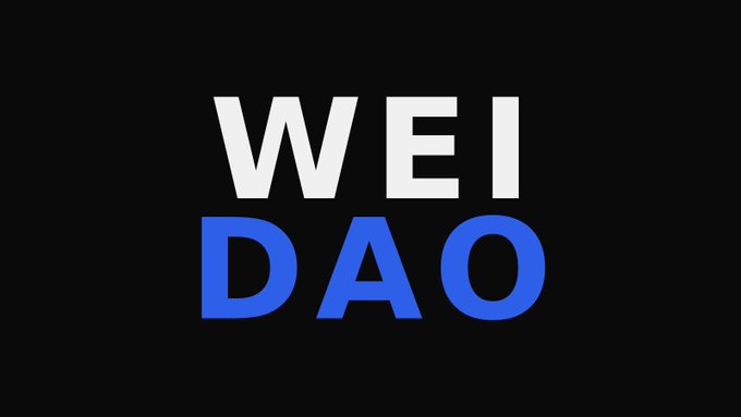 The user wants a concise caption for the image.
The image contains the text "WEI" in white and "DAO" in blue on a black background.
The prompt provides context: "The code on which the ownerless ENS alternative was forked from are making a DAO to control their naming system... Competition is good! Should also support .wei..."

So, the image is visually just the words "WEI" and "DAO".
The caption needs to describe what is in the image and relate it to the text if possible, or just describe the visual elements as requested ("Write a concise 1-2 sentence caption describing what is in this image").

Visual elements:
- Black background.
- White text "WEI" on top.
- Blue text "DAO" below it.

Relationship to the note:
- The note mentions "support .wei".
- The image shows "WEI" and "DAO".
- This suggests the image is a logo or title card for a project