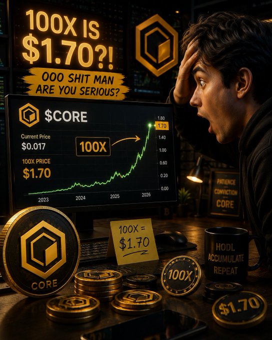 A shocked trader stares at a computer screen displaying "$CORE" with a chart showing a projected 100x move from a current price of $0.017 to $1.70 by 2026, surrounded by "$1.70" labeled coins, a "100X = $1.70" sticky note, and a mug reading "HODL ACCUMULATE REPEAT." The image visually reinforces the post's disbelief that a $1.70 target represents a massive 100x gain, emphasizing the market's potential undervaluation of CoreDAO.