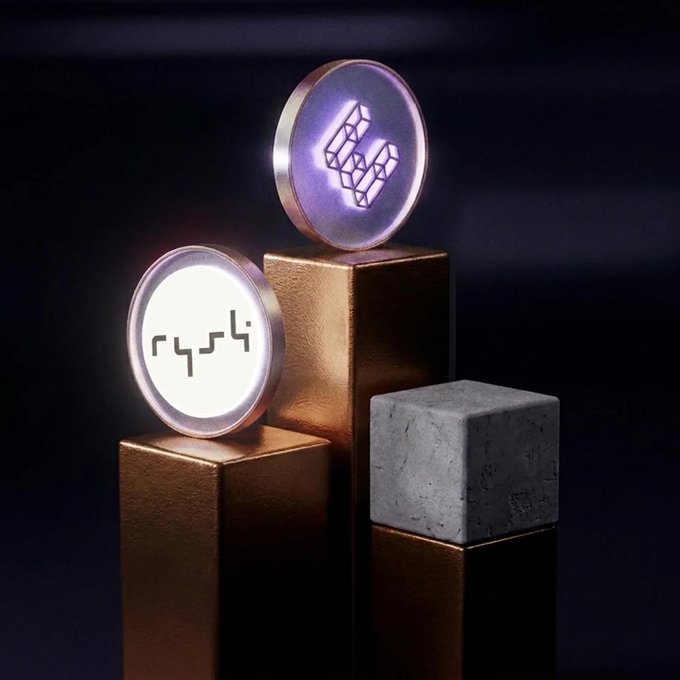 Two illuminated circular tokens, one featuring a purple crystal design and the other a geometric face emblem, displayed on metallic gold and stone pedestals against a dark background.