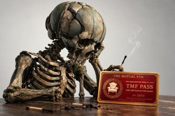 A skeleton in a thinking position smokes a cigarette while holding 'THE MUTUAL FUN' 'IMF PASS' card numbered 0074, which states 'THE SUBSCRIPTION DESK NO.0041', 'ONE IMF PASS IS TWO SEATS', and 'ISSUED BY IMF TWO SEATING ROOM' on a wooden table with scattered tobacco.