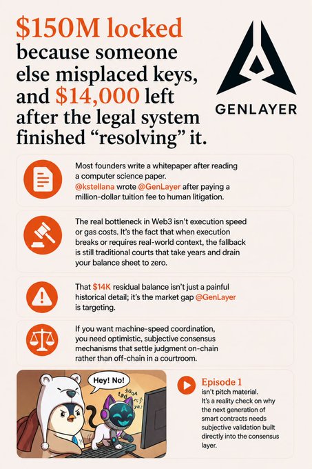 A promotional graphic for GenLayer discussing how '$150M locked because someone else misplaced keys, and $14,000 left after the legal system finished "resolving" it,' highlighting issues with traditional litigation in Web3.