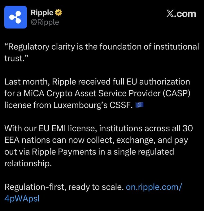 A tweet from @Ripple announces that the company has received full EU authorization for a MiCA Crypto Asset Service Provider (CASP) license from Luxembourg's CSSF, combined with their EU EMI license enabling institutions across all 30 EEA nations to collect, exchange, and pay out via Ripple Payments under a single regulated relationship. The post reinforces the accompanying caption's claim that Ripple has been effectively positioned as a regulated EU-wide payment pipeline, similar to a SWIFT replacement, with the tagline "Regulation-first, ready to scale."