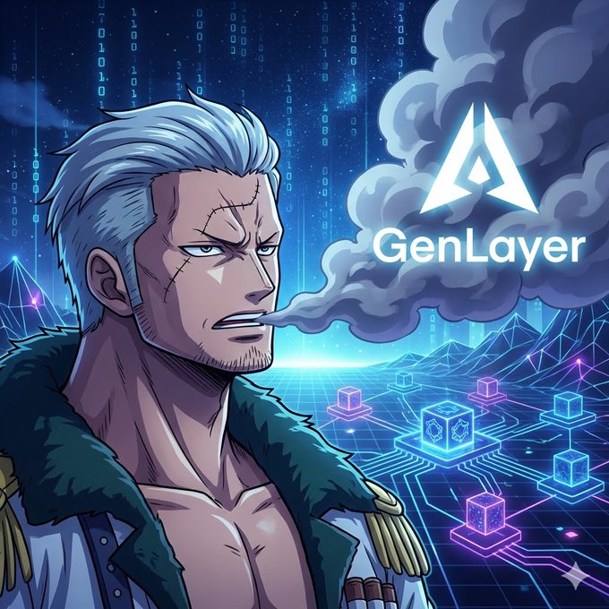 A rugged silver-haired anime character with a facial scar exhales a cloud of smoke that morphs into the "GenLayer" logo, set against a neon digital landscape of connected cubes and falling binary code.

The image visually reinforces the post's theme of tackling the harder problems in agent commerce—rather than the already-solved "happy path" of payments and identity, the stoic, battle-scarred figure suggests GenLayer is built to confront the difficult, unresolved edge cases of agent interactions.