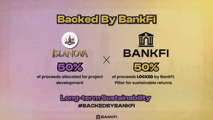 The image features a poster with two logos, one for Islandova and another for Bankfi. The poster displays information about these companies, including their logos and the percentage of projects they have completed. There are also details about the long-term sustainability aspect of these projects.